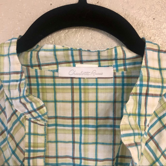 Charlotte Russe Green Plaid 3/4 Sleeve Button-Down Scrunched Center Shirt (L) - Picture 3 of 4